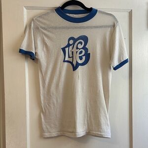 True Vintage Paper Thin Life White and Blue Graphic T-Shirt Thrashed Small 70’s